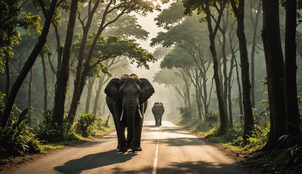 wild elephants on road