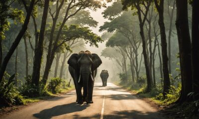 wild elephants on road